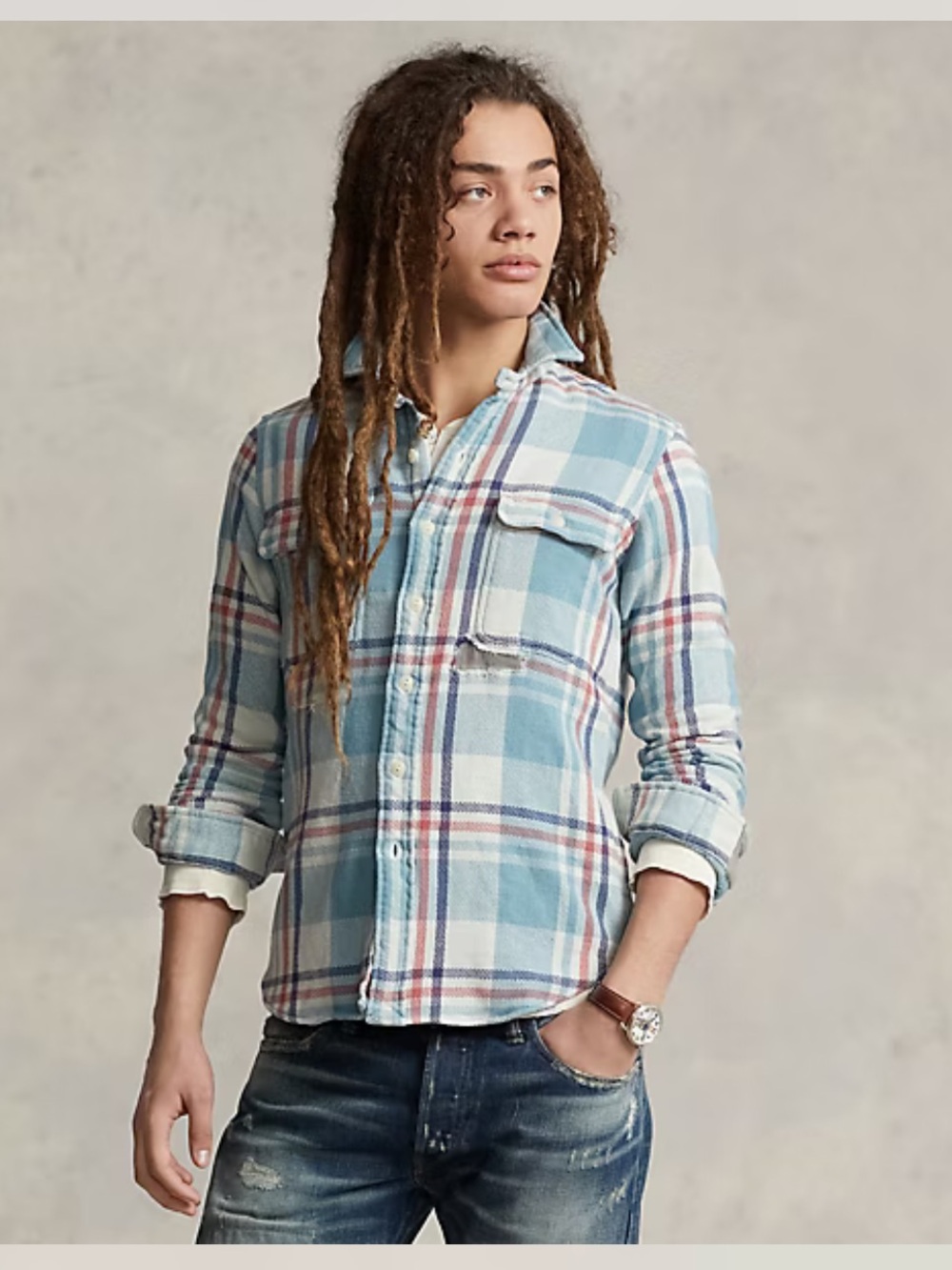 Polo by Ralph Lauren Teal, Cream & Red Plaid Flannel Shirt - Picture 2 of 12